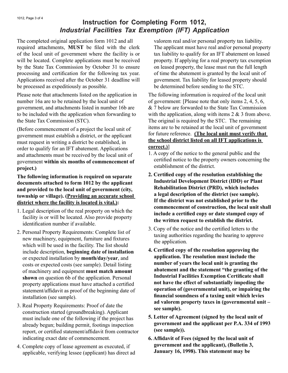 Form 1012 (L-4380) Application for Industrial Facilities Tax Exemption Certificate - Michigan, Page 3