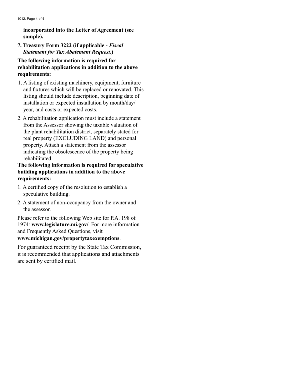 Form 1012 (L-4380) Application for Industrial Facilities Tax Exemption Certificate - Michigan, Page 4