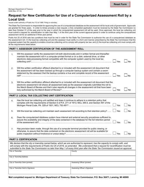 Form 5446 Request for New Certification for Use of a Computerized Assessment Roll by a Local Unit - Michigan