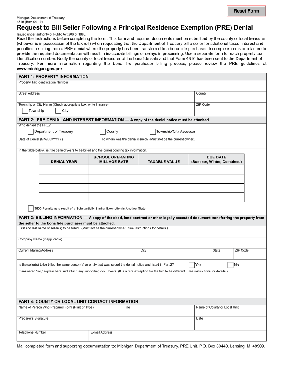 form 4816 request to bill seller following a principal residence exemption pre denial michigan print big