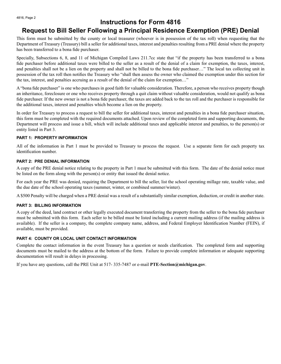 Form 4816 Request to Bill Seller Following a Principal Residence Exemption (Pre) Denial - Michigan, Page 2