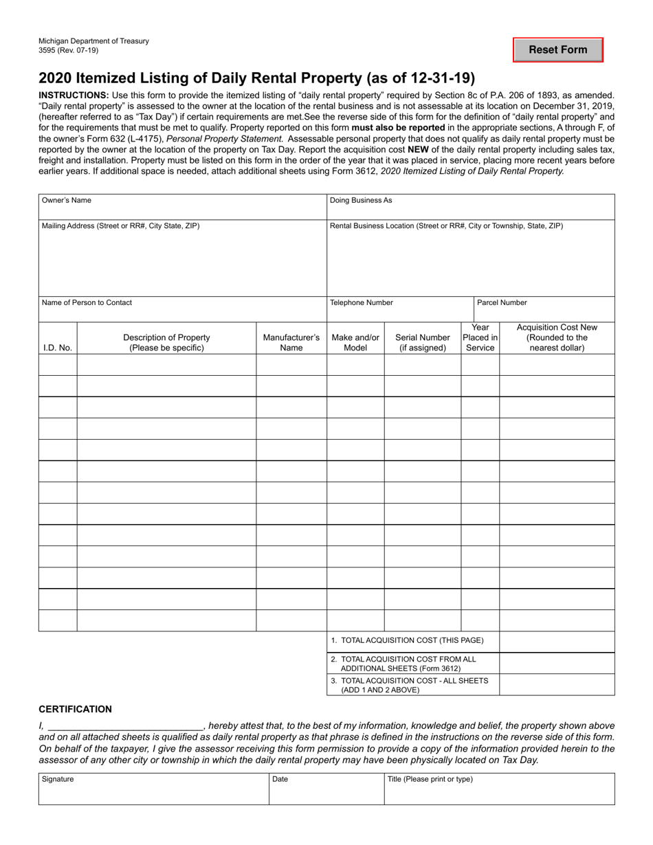 Form 3595 Itemized Listing of Daily Rental Property (As of 12-31-19) - Michigan, Page 1