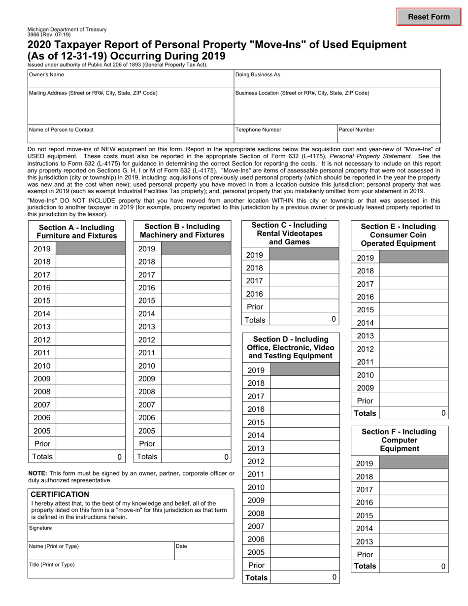 Form 3966 Taxpayer Report of Personal Property move-Ins of Used Equipment (As of 12-31-19) Occurring During 2019 - Michigan, Page 1