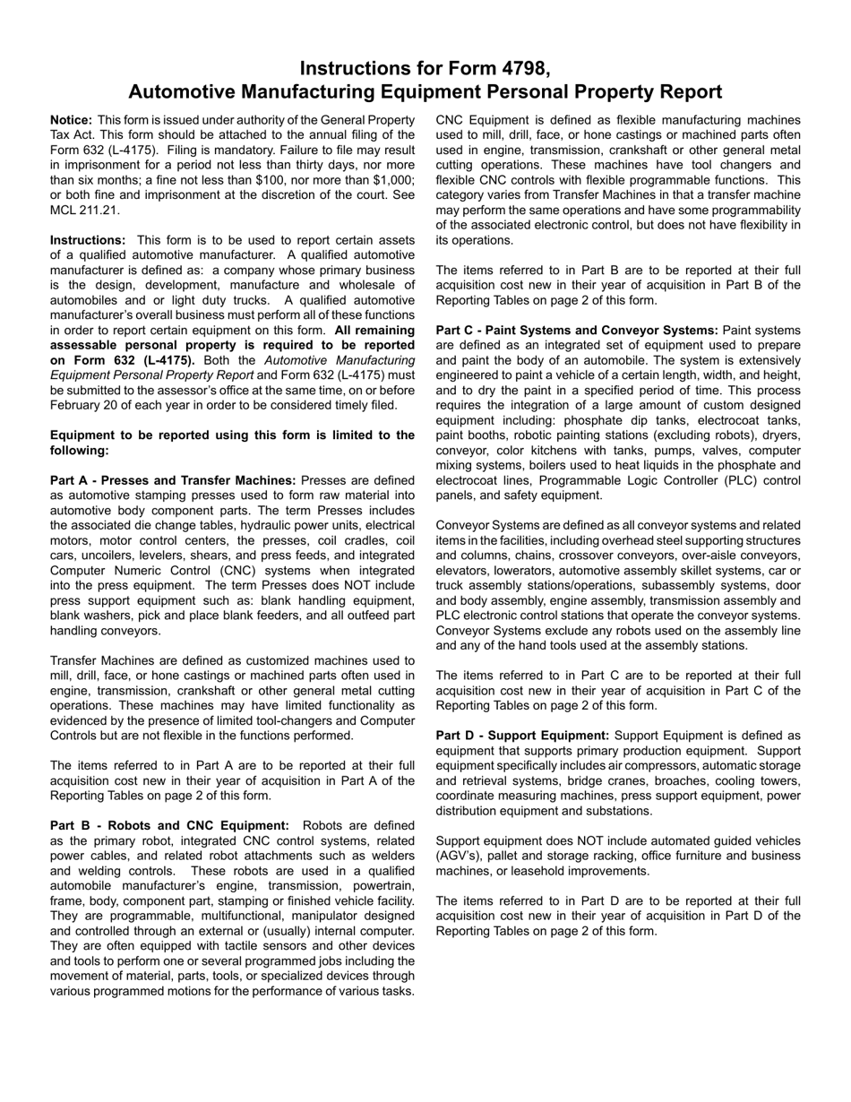 Form 4798 Automotive Manufacturing Equipment Personal Property Report - Michigan, Page 3