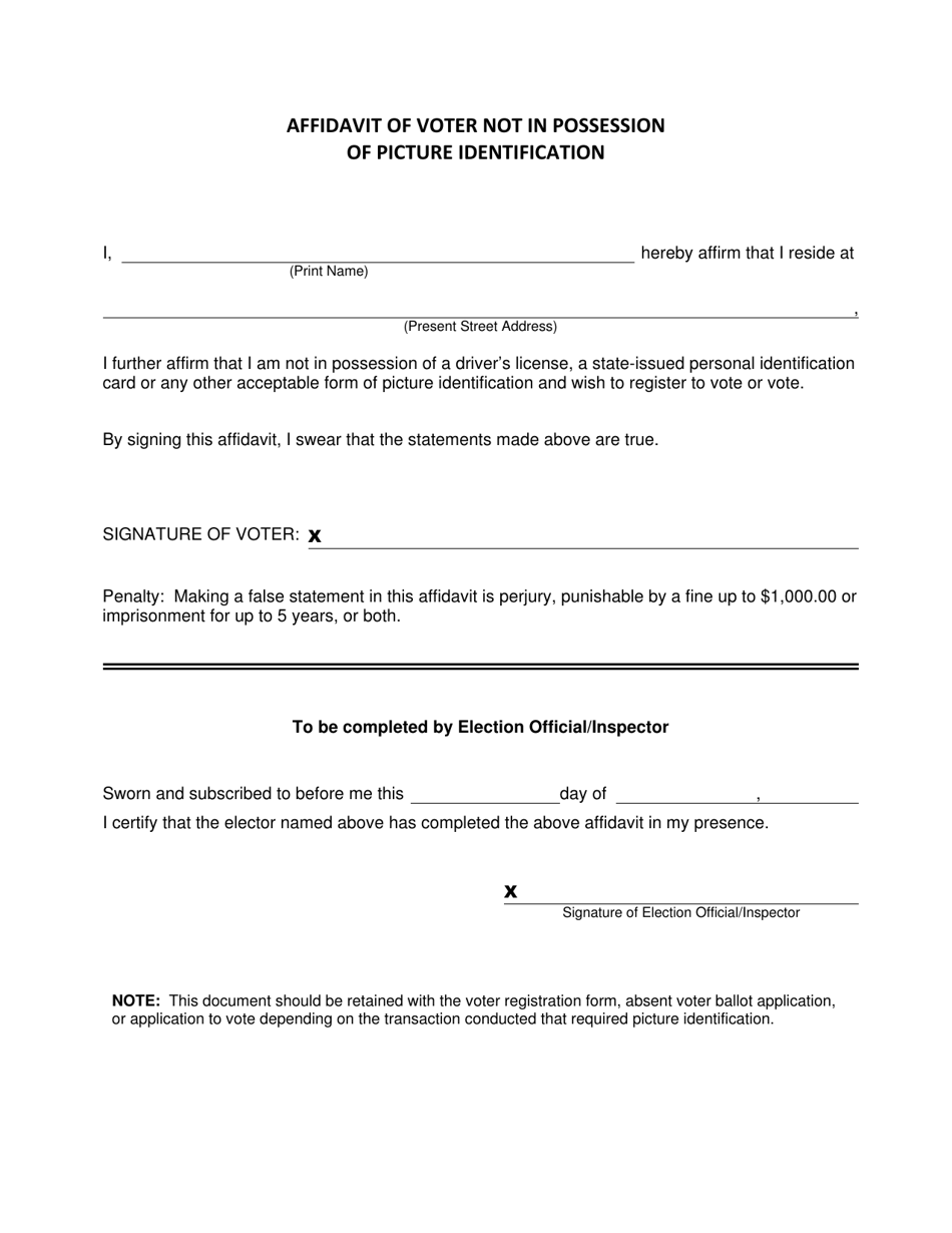 Affidavit of Voter Not in Possession of Picture Identification - Michigan, Page 1