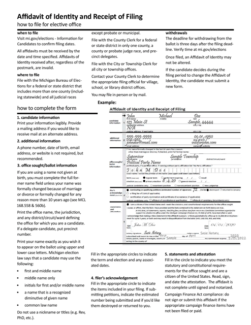 Form ED-104 Affidavit of Identity and Receipt of Filing - Michigan