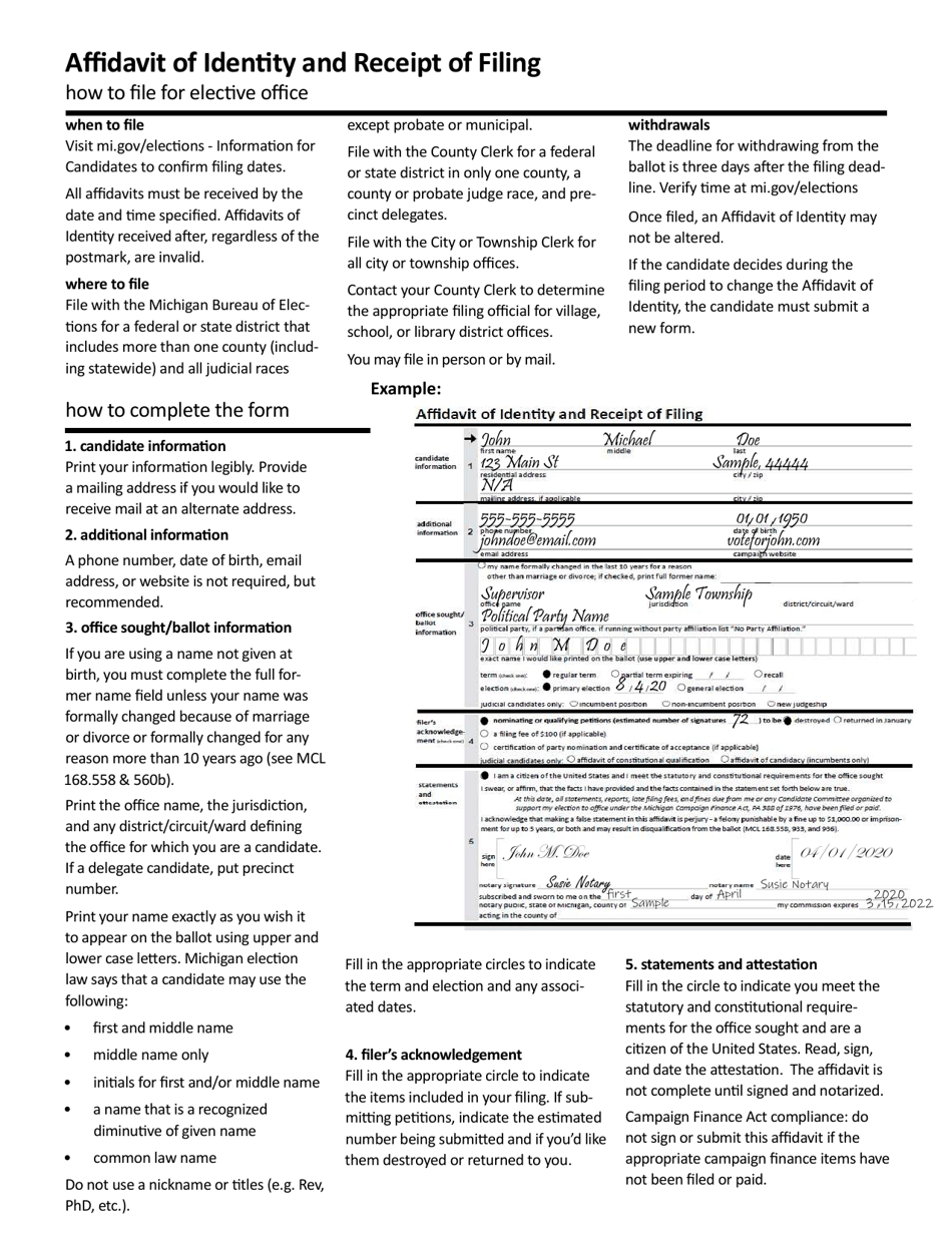 Form ED-104 Affidavit of Identity and Receipt of Filing - Michigan, Page 1
