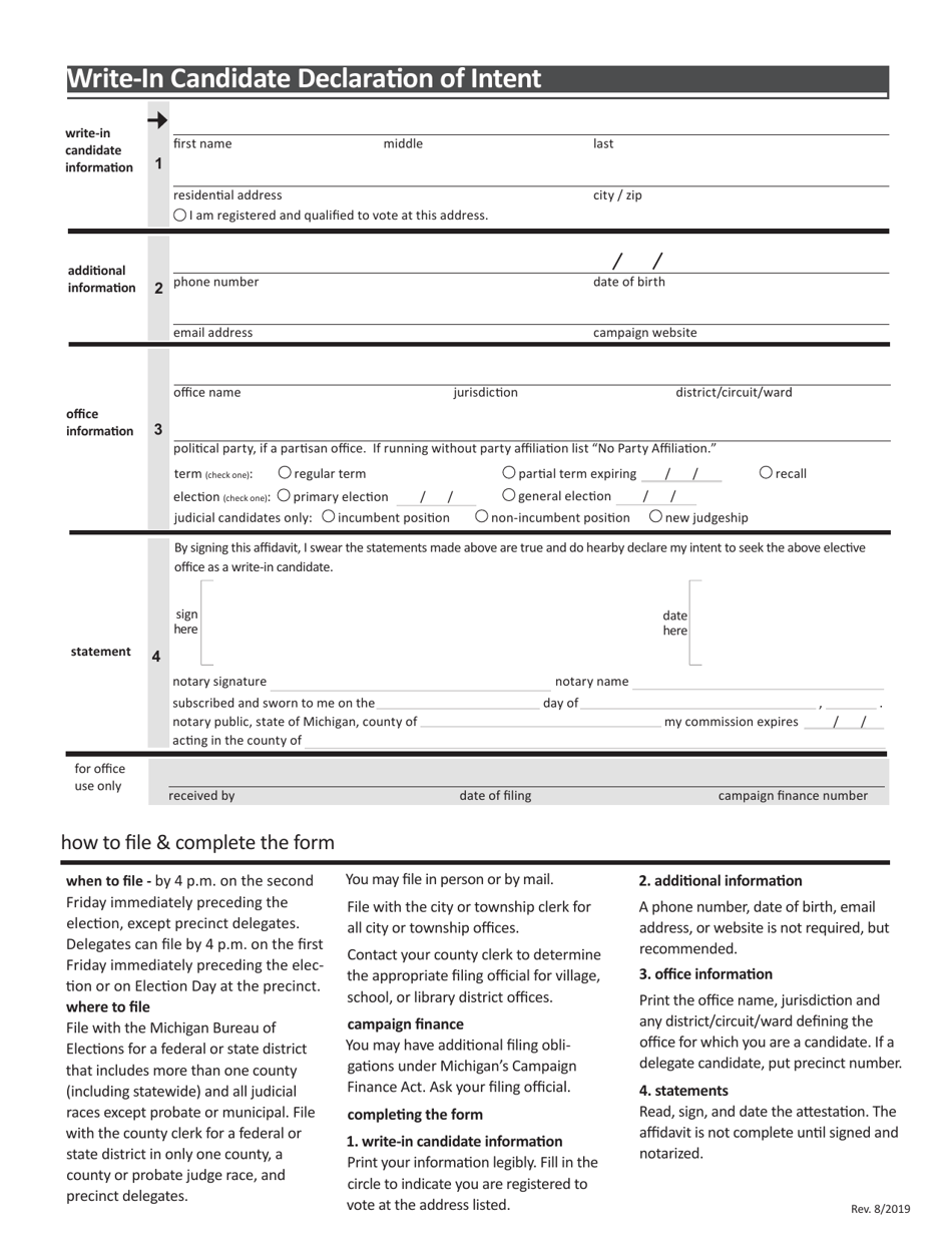 Write-In Candidate Declaration of Intent - Michigan, Page 1
