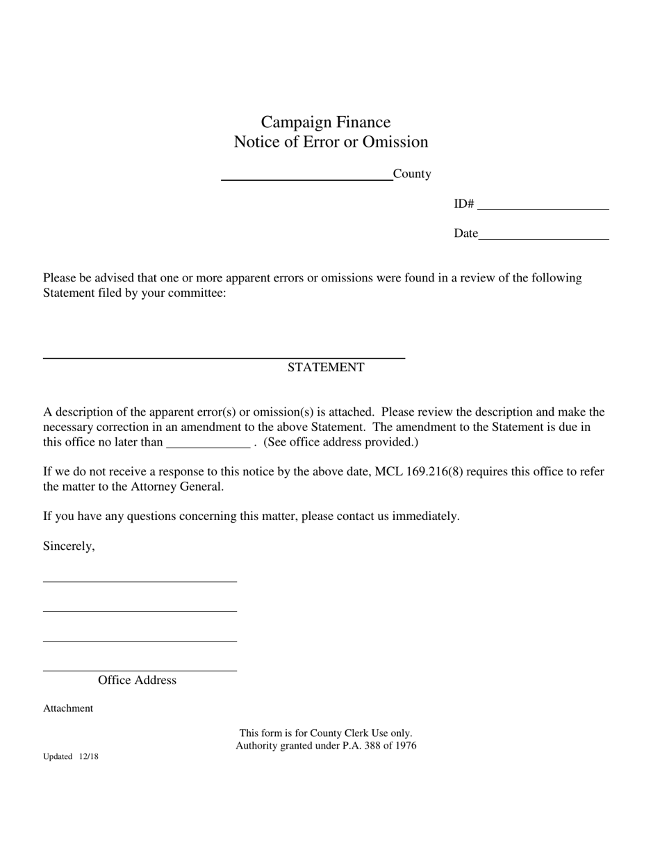 Campaign Finance Notice of Error or Omission - Michigan, Page 1