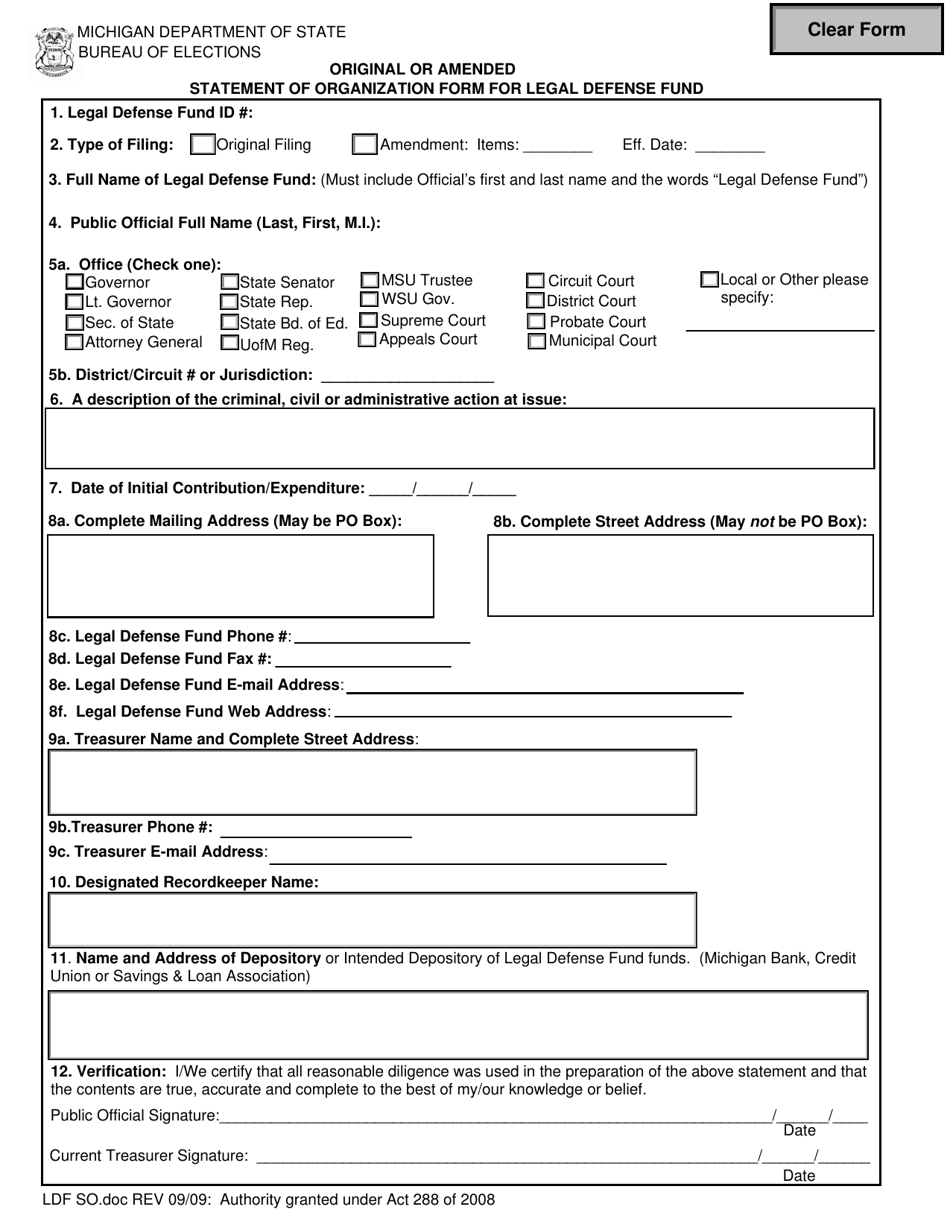 Statement of Organization Form for Legal Defense Fund - Michigan, Page 1