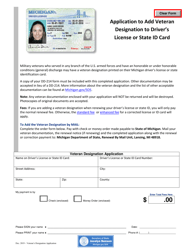 Document preview: Application to Add Veteran Designation to Driver's License or State Id Card - Michigan