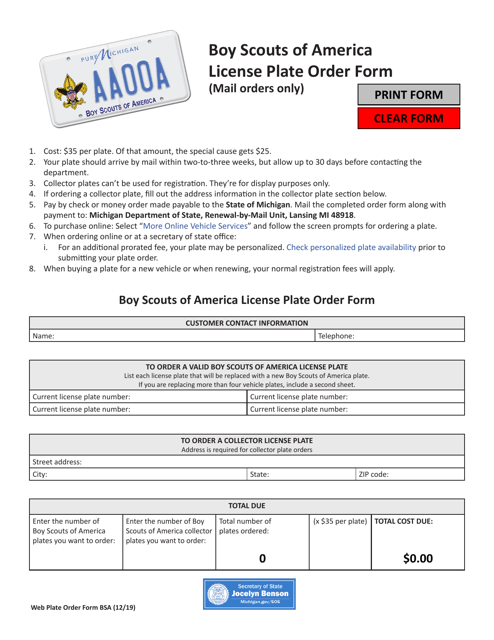 Boy Scouts of America License Plate Order Form - Michigan Download Pdf