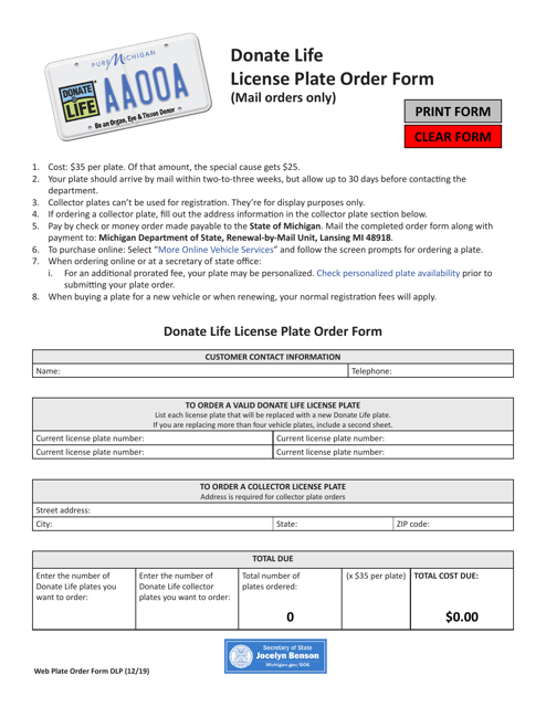 Donate Life License Plate Order Form - Michigan Download Pdf