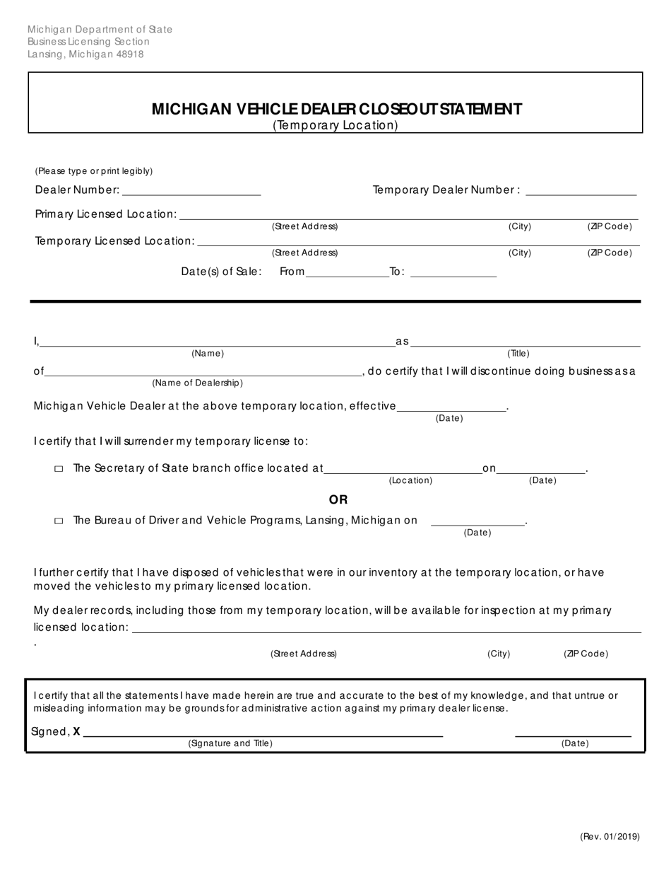 Michigan Vehicle Dealer Closeout Statement (Temporary Location) - Michigan, Page 1