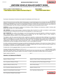 Document preview: Form AR-0026 Uniform Vehicle Dealer Surety Bond - Michigan