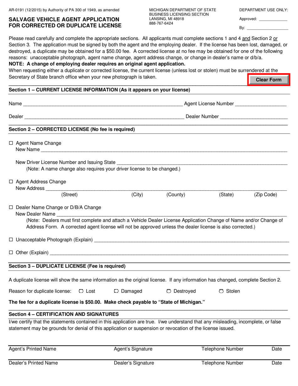 Form AR-01091 Salvage Vehicle Agent Application for Corrected or Duplicate License - Michigan, Page 1