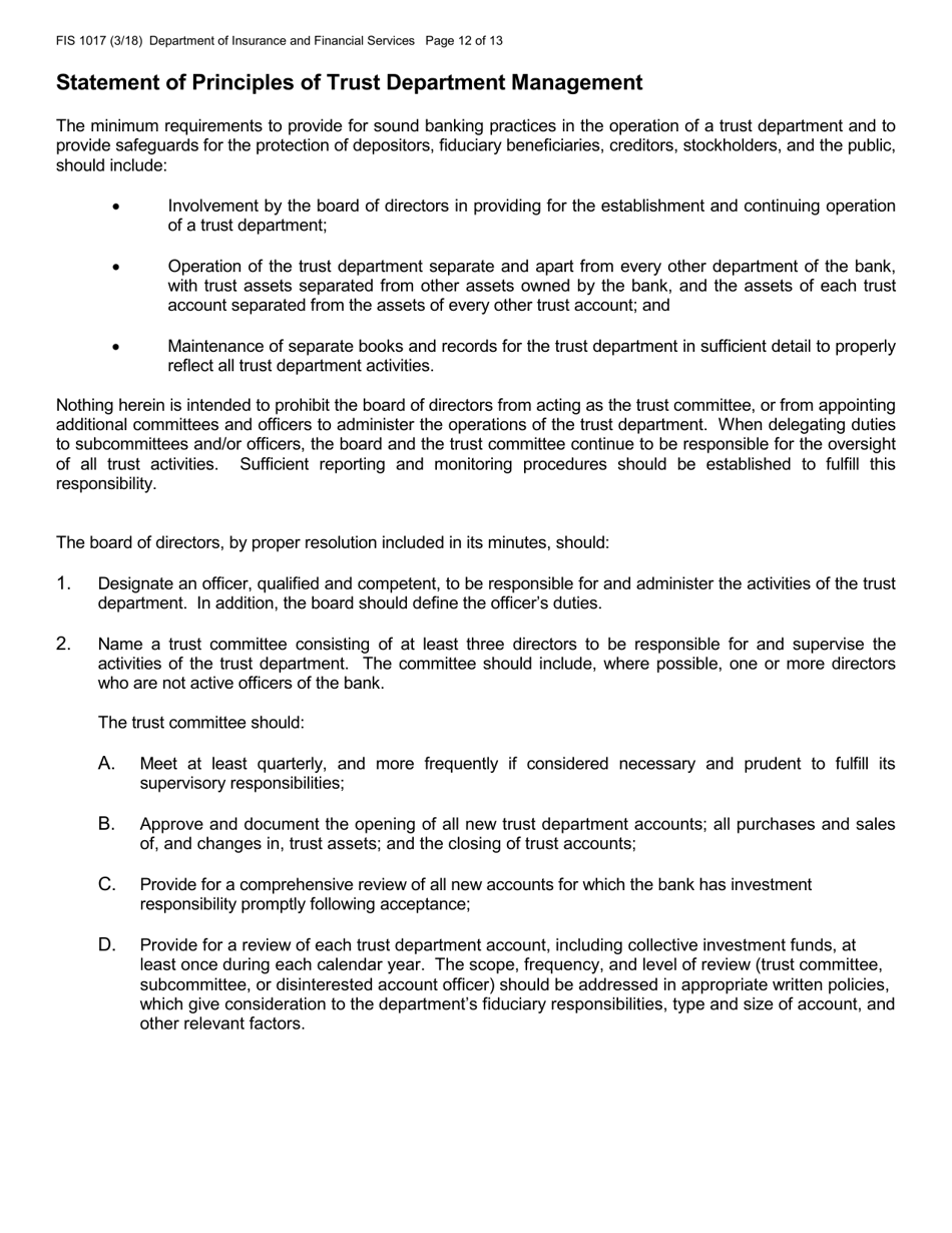 Form FIS1017 Application for Trust Powers - Michigan, Page 12