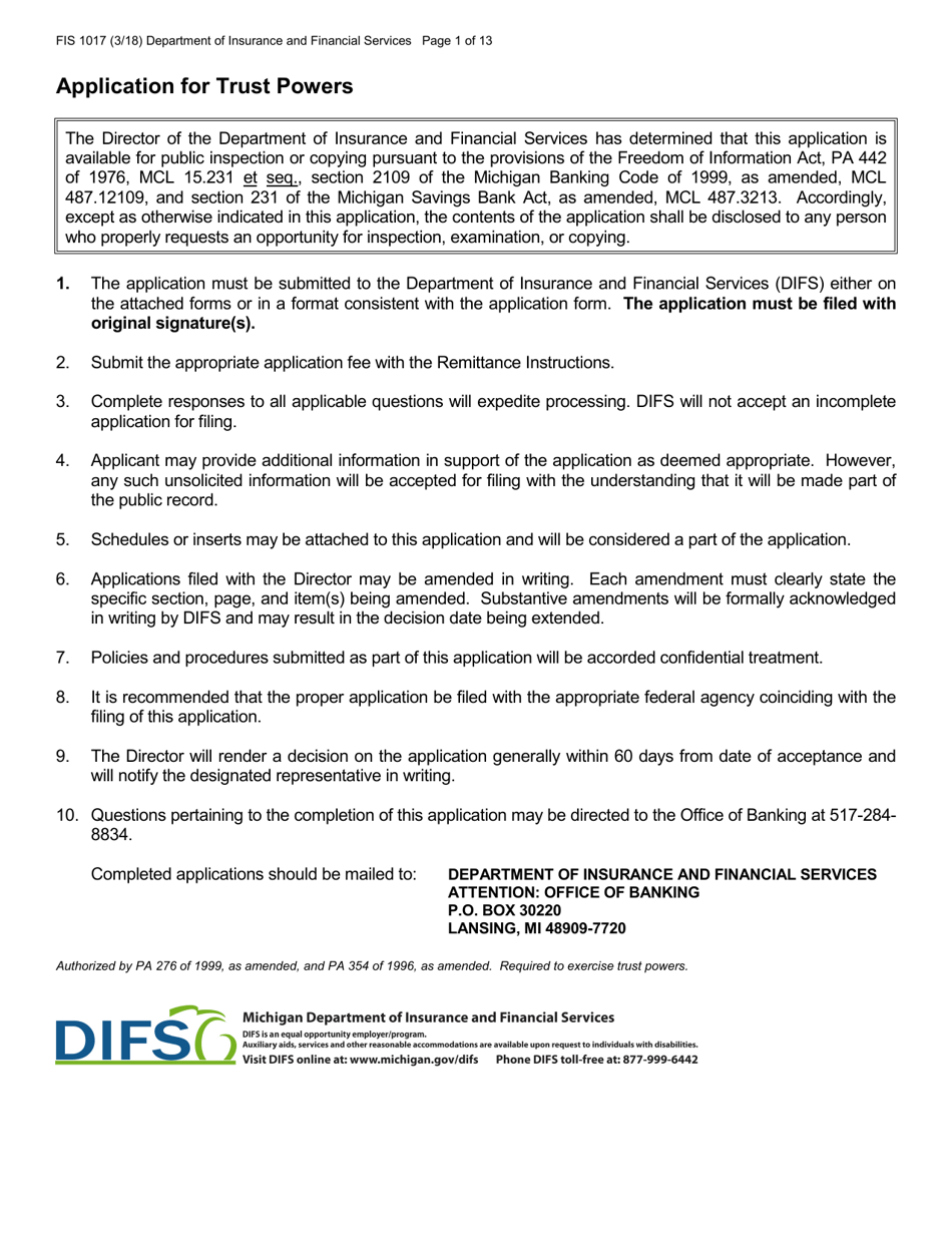 Form FIS1017 Application for Trust Powers - Michigan, Page 1