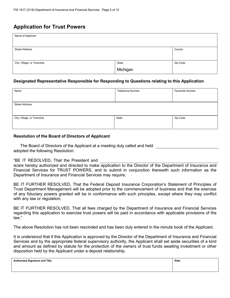 Form FIS1017 Application for Trust Powers - Michigan, Page 2