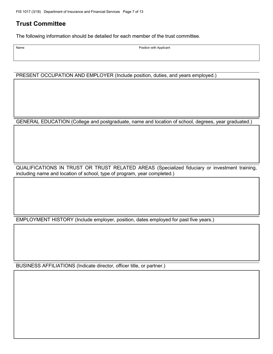 Form FIS1017 Application for Trust Powers - Michigan, Page 7