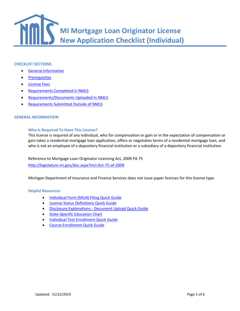 Mi Mortgage Loan Originator License New Application Checklist (Individual) - Michigan Download Pdf