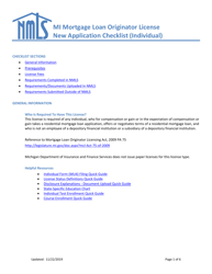 Mi Mortgage Loan Originator License New Application Checklist (Individual) - Michigan