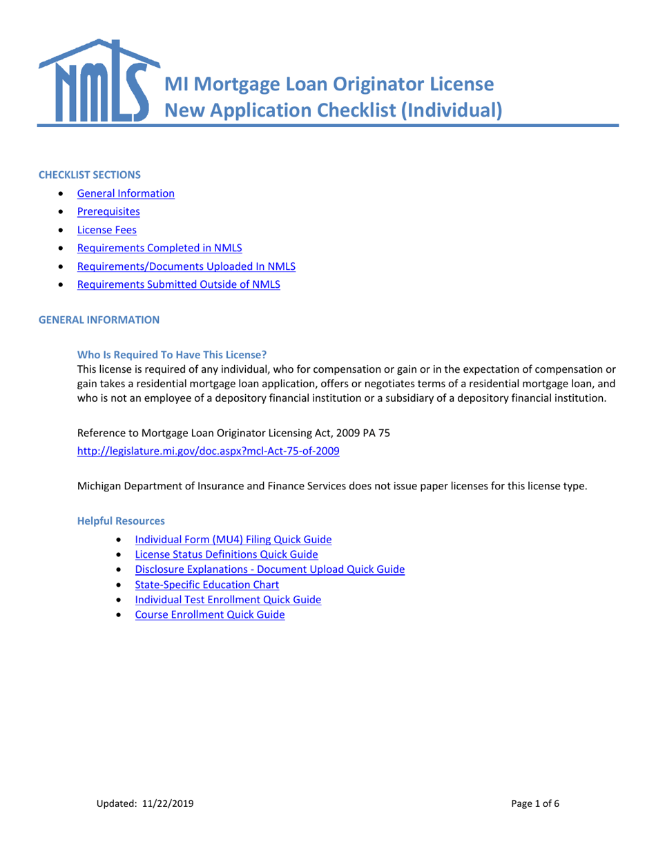 Mi Mortgage Loan Originator License New Application Checklist (Individual) - Michigan, Page 1