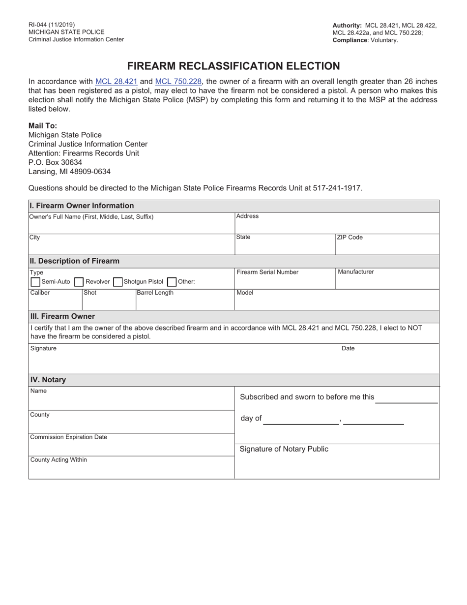 Form RI-044 Firearm Reclassification Election - Michigan, Page 1