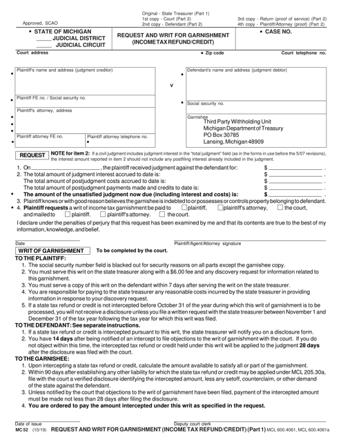 Form MC52 Request and Writ for Garnishment (Income Tax Refund/Credit) - Michigan
