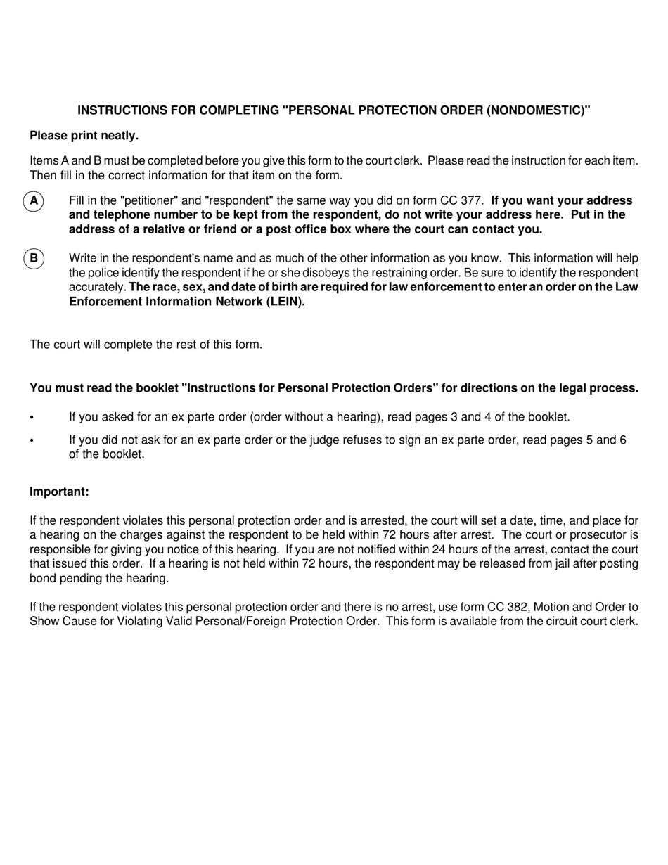Form CC380 Personal Protection Order (Nondomestic) - Michigan, Page 4
