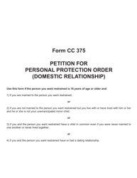 Form CC375 Petition for Personal Protection Order (Domestic Relationship) - Michigan