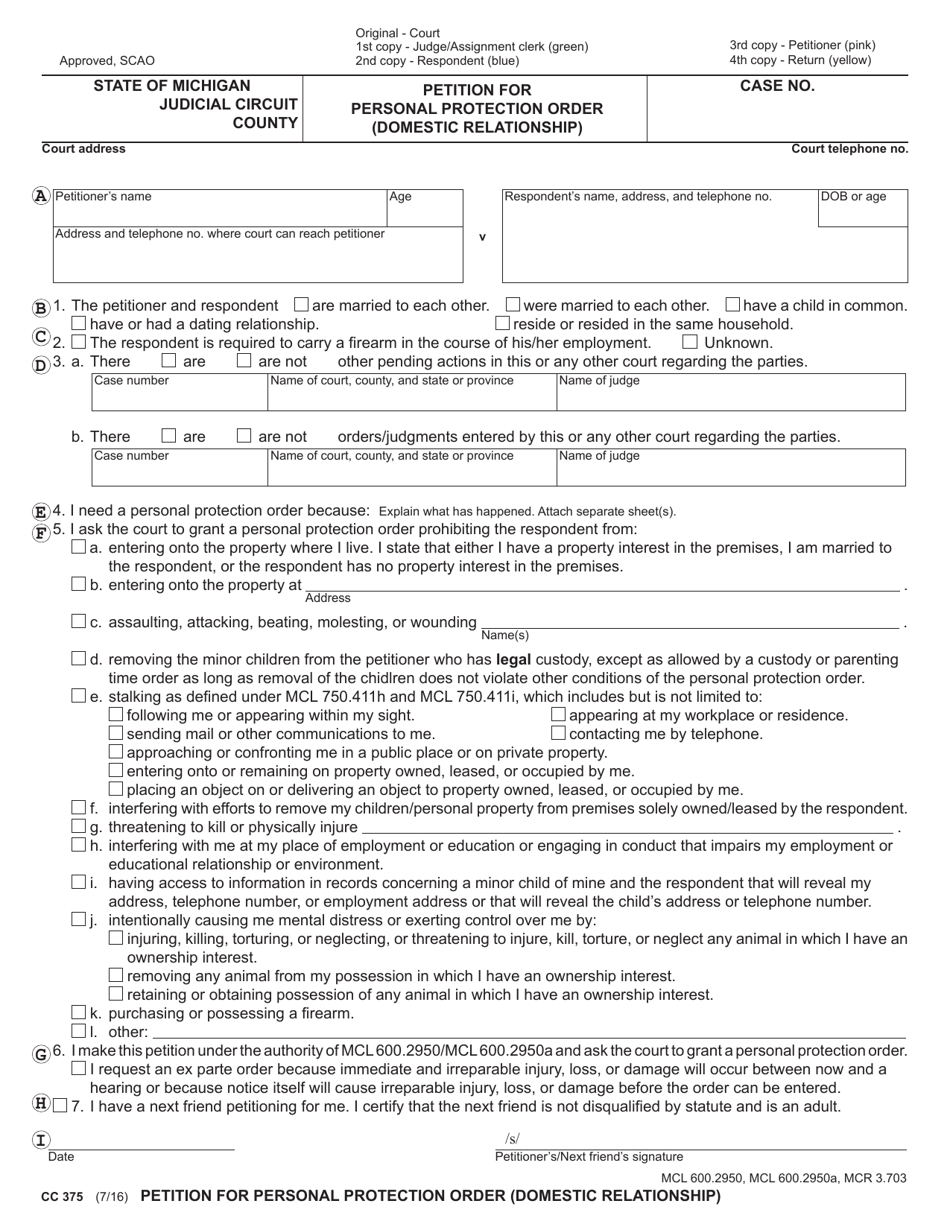 Form CC375 Petition for Personal Protection Order (Domestic Relationship) - Michigan, Page 3