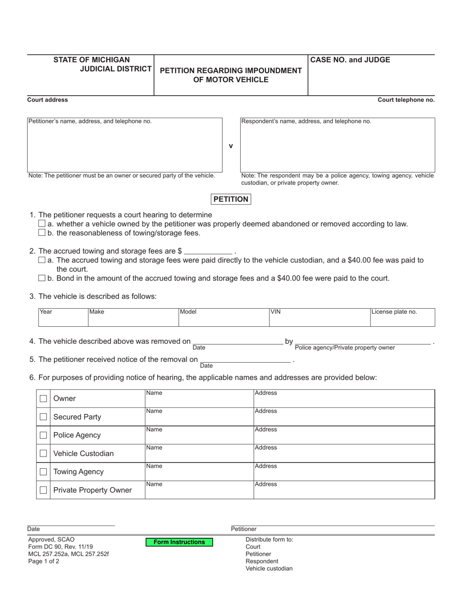 Form DC90 Petition Regarding Impoundment of Motor Vehicle - Michigan, Page 1