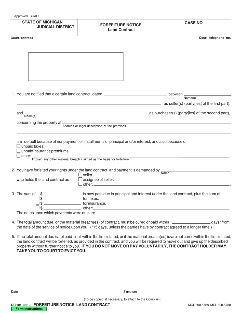 Form DC101 Forfeiture Notice, Land Contract - Michigan, Page 1