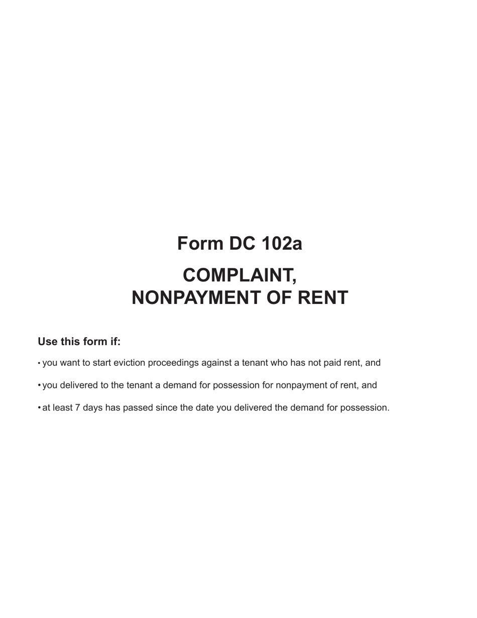 Form DC102A Complaint, Nonpayment of Rent, Landlord - Tenant - Michigan, Page 1