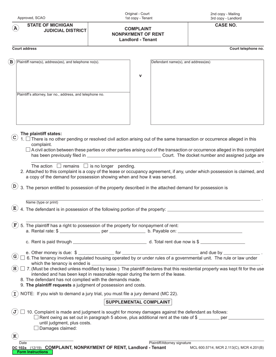 Form DC102A - Fill Out, Sign Online and Download Fillable PDF, Michigan ...