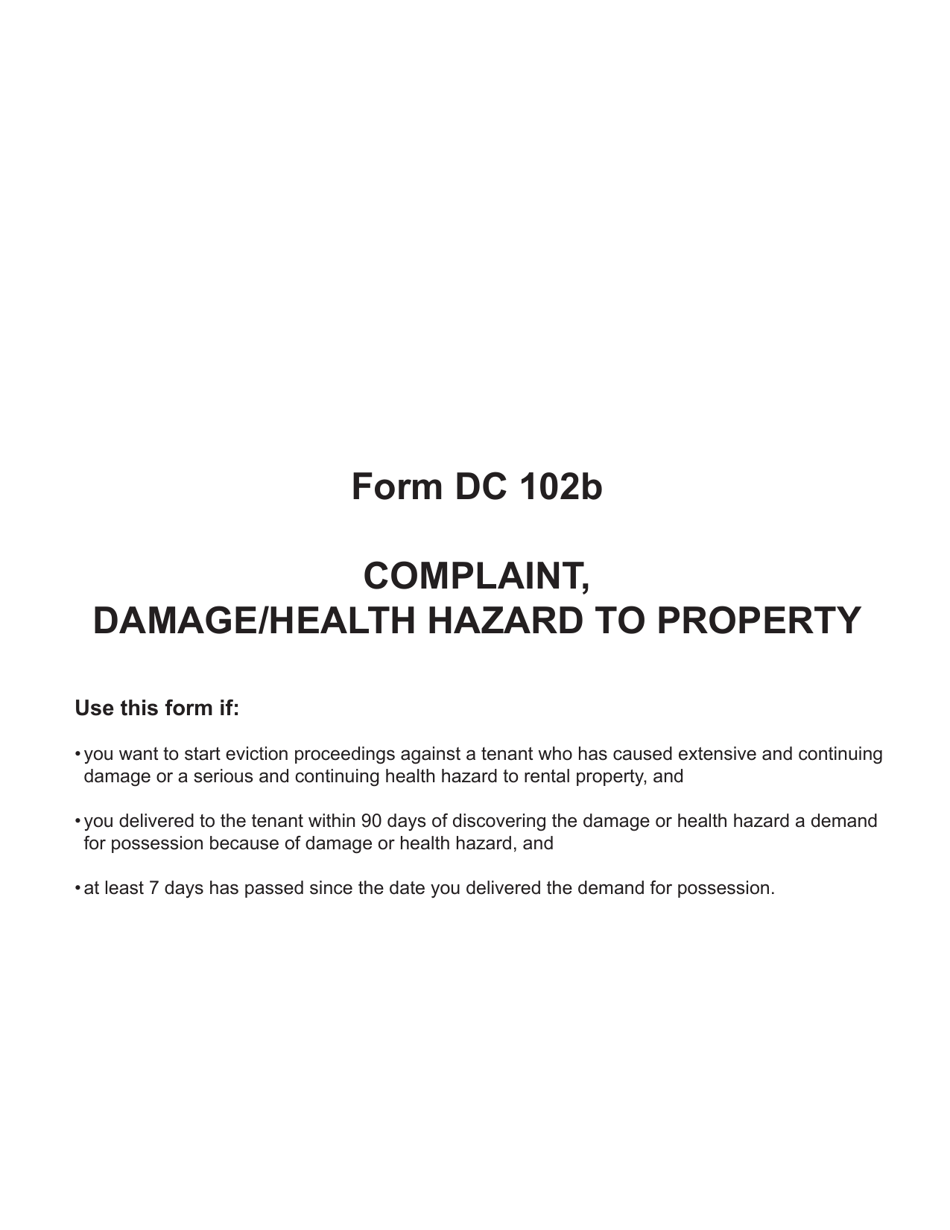 Form DC102B Complaint, Damage / Health Hazard to Property, Landlord-Tenant - Michigan, Page 1
