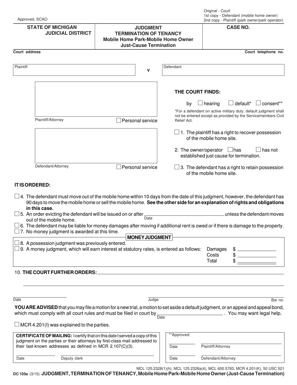 Form DC105A Judgment, Termination of Tenancy, Mobile Home Park - Mobile Home Owner (Just-Cause Termination) - Michigan, Page 1