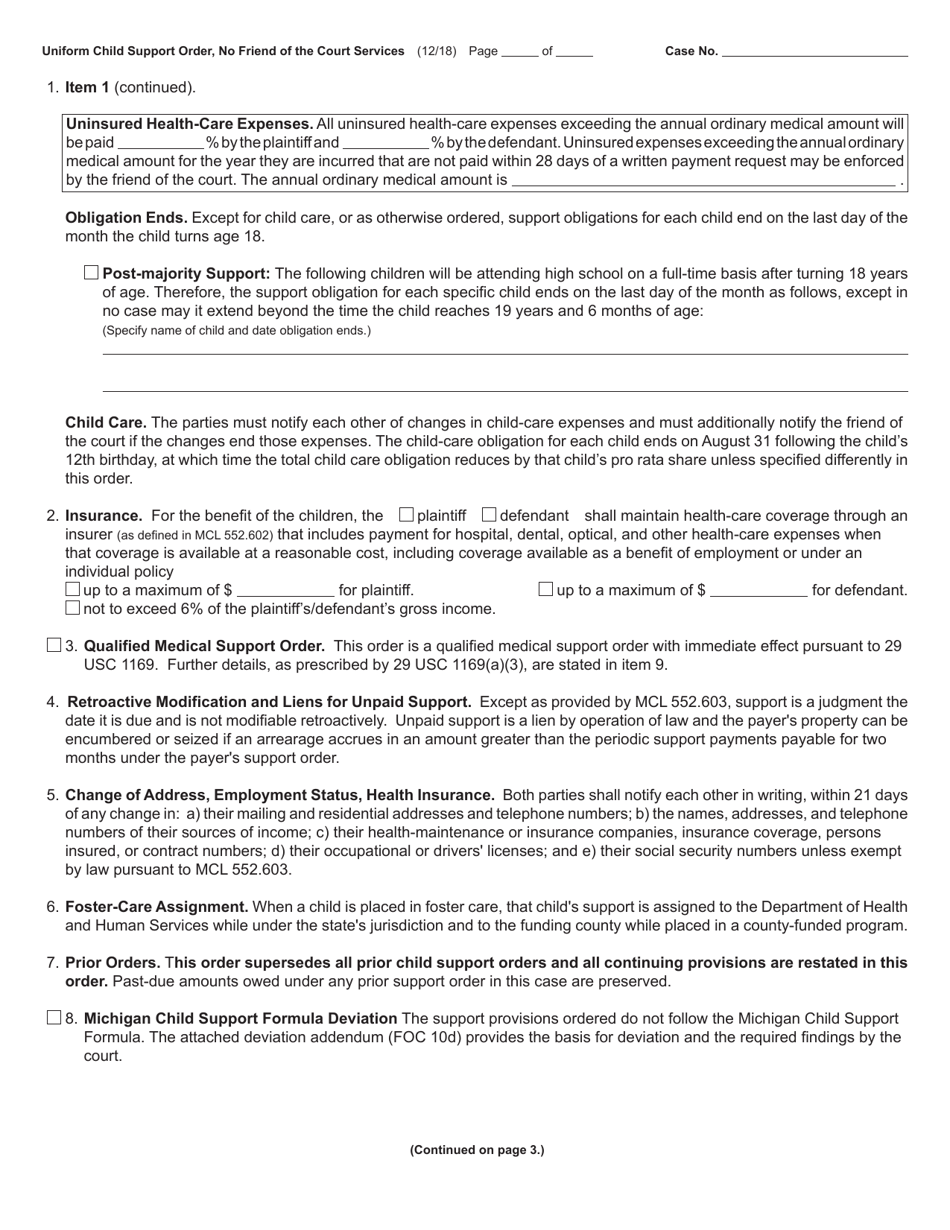 Form FOC10A / 52A Uniform Child Support Order, No Friend of the Court Services - Michigan, Page 2