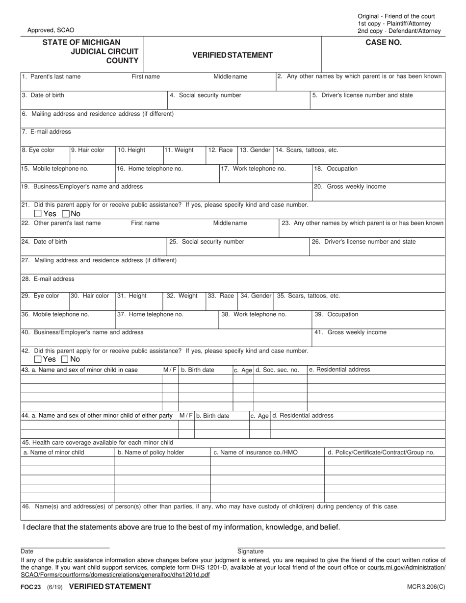 Form FOC23 Verified Statement - Michigan, Page 1