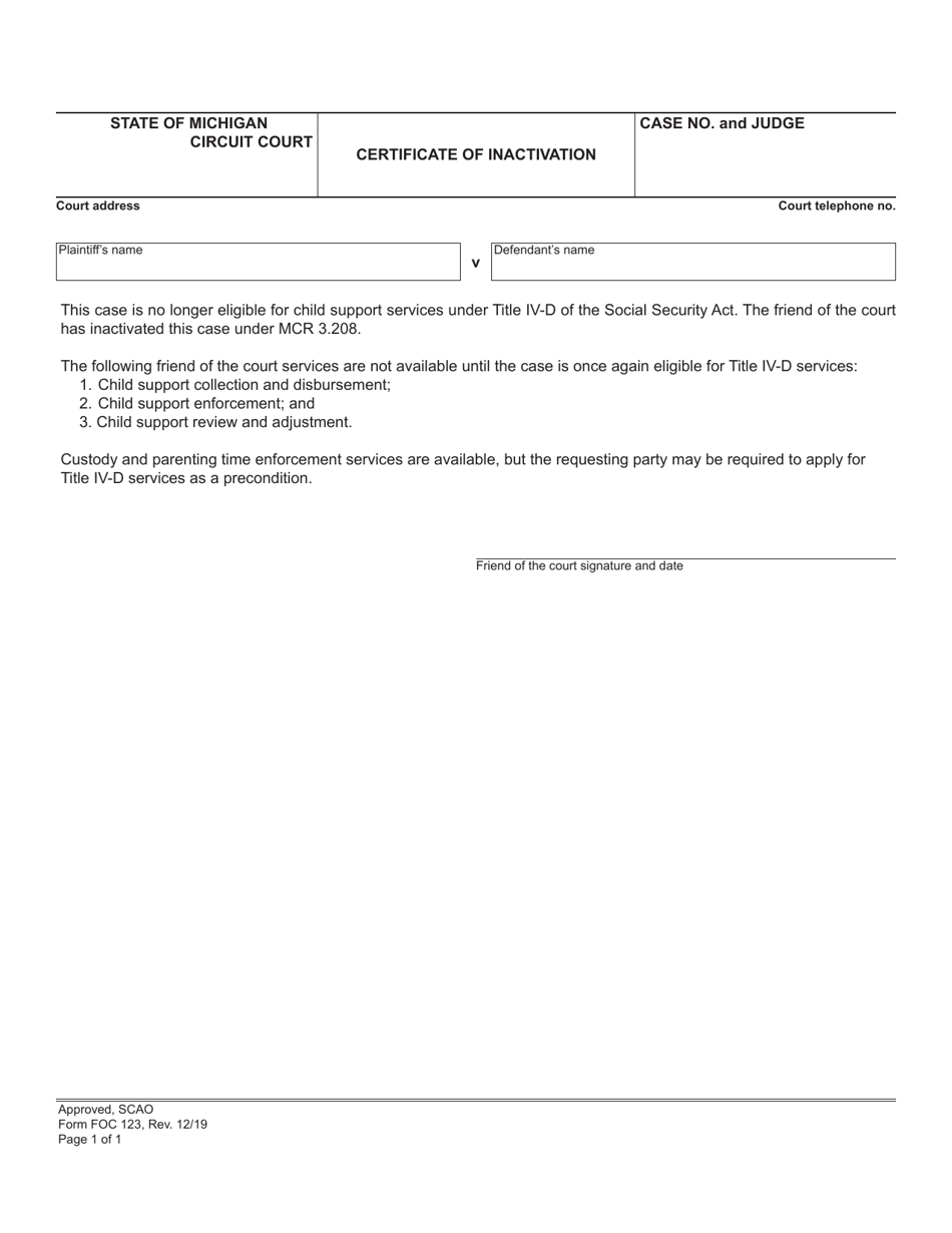 Form FOC123 Certificate of Inactivation - Michigan, Page 1