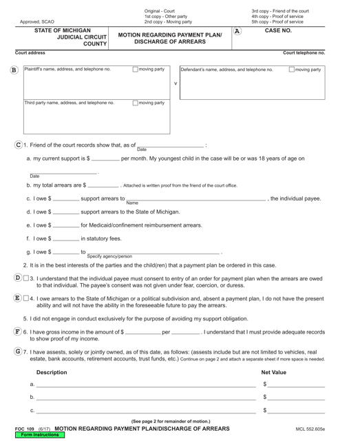 Form FOC109 Motion Regarding Payment Plan/Discharge of Arrears - Michigan