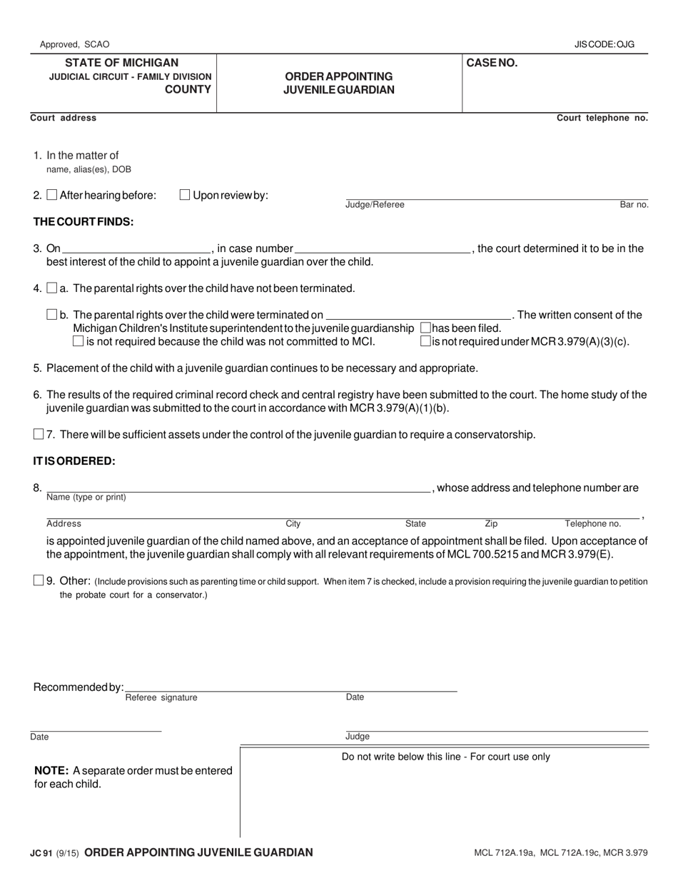 Form Jc91 Download Fillable Pdf Or Fill Online Order Appointing Juvenile Guardian Michigan Templateroller