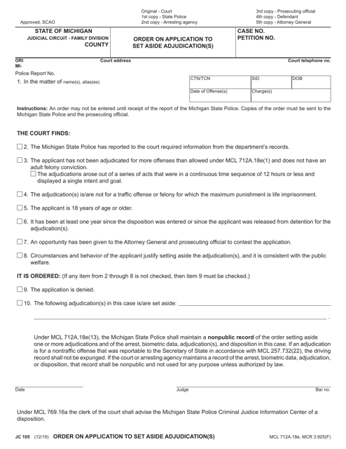 Form JC105 Order on Application to Set Aside Adjudication(S) - Michigan
