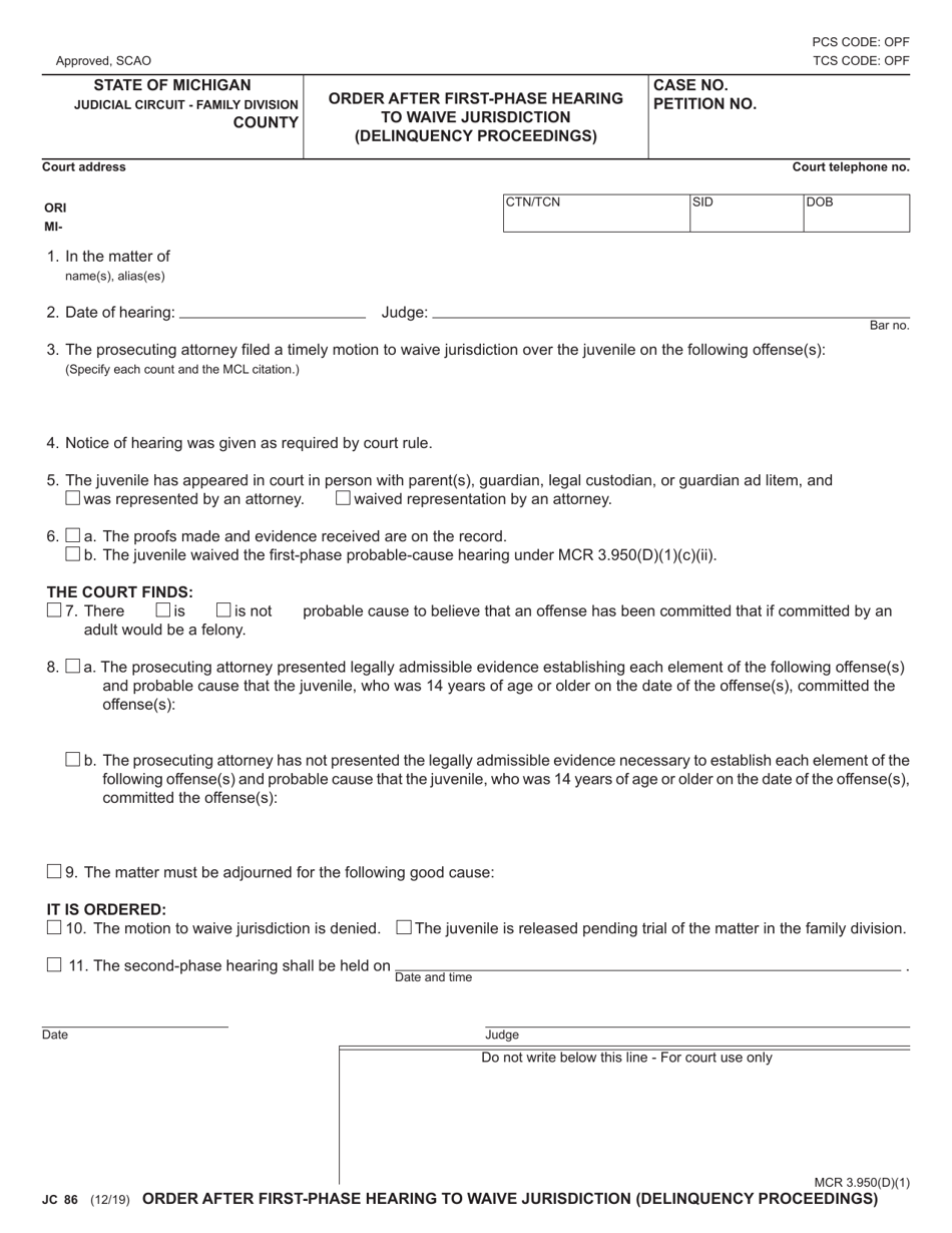 Form JC86 Order After First-Phase Hearing to Waive Jurisdiction (Delinquency Proceedings) - Michigan, Page 1