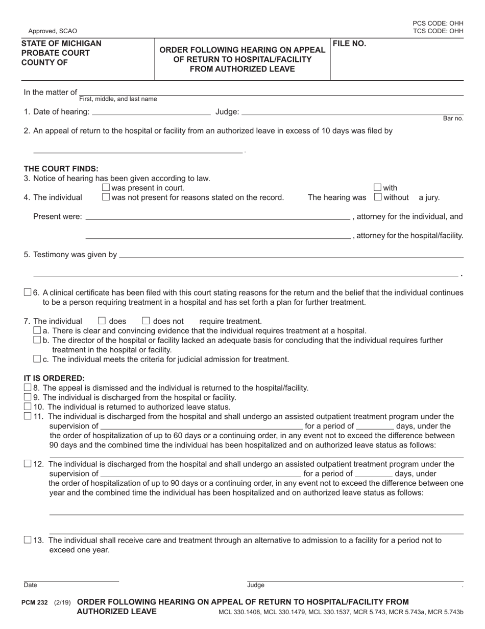 Form PCM232 Order Following Hearing on Appeal of Return to Hospital/Facility From Authorized Leave - Michigan, Page 1