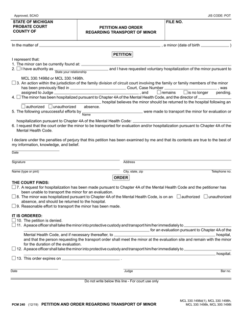 Form PCM240 Petition and Order Regarding Transport of Minor - Michigan