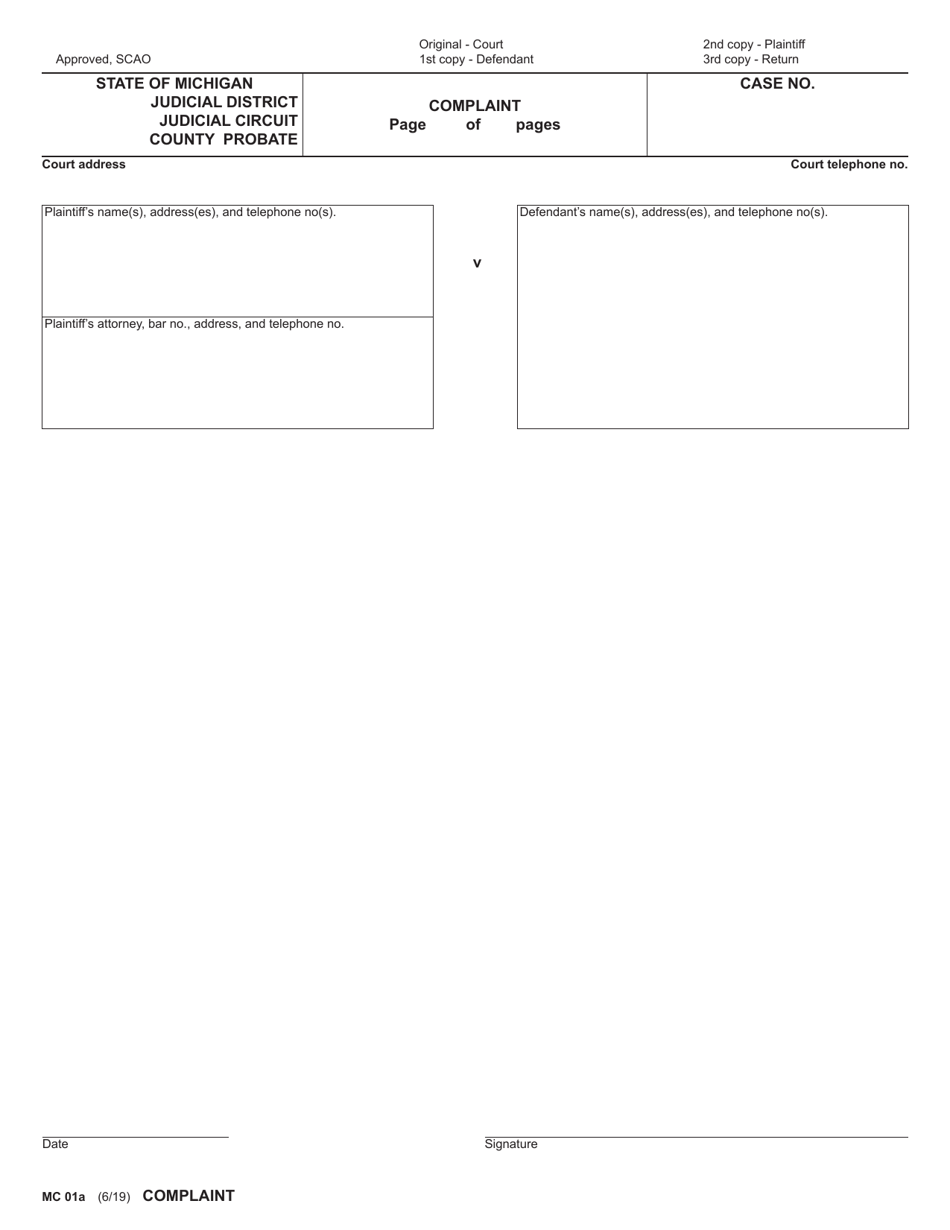 Form MC01A Complaint - Michigan, Page 1