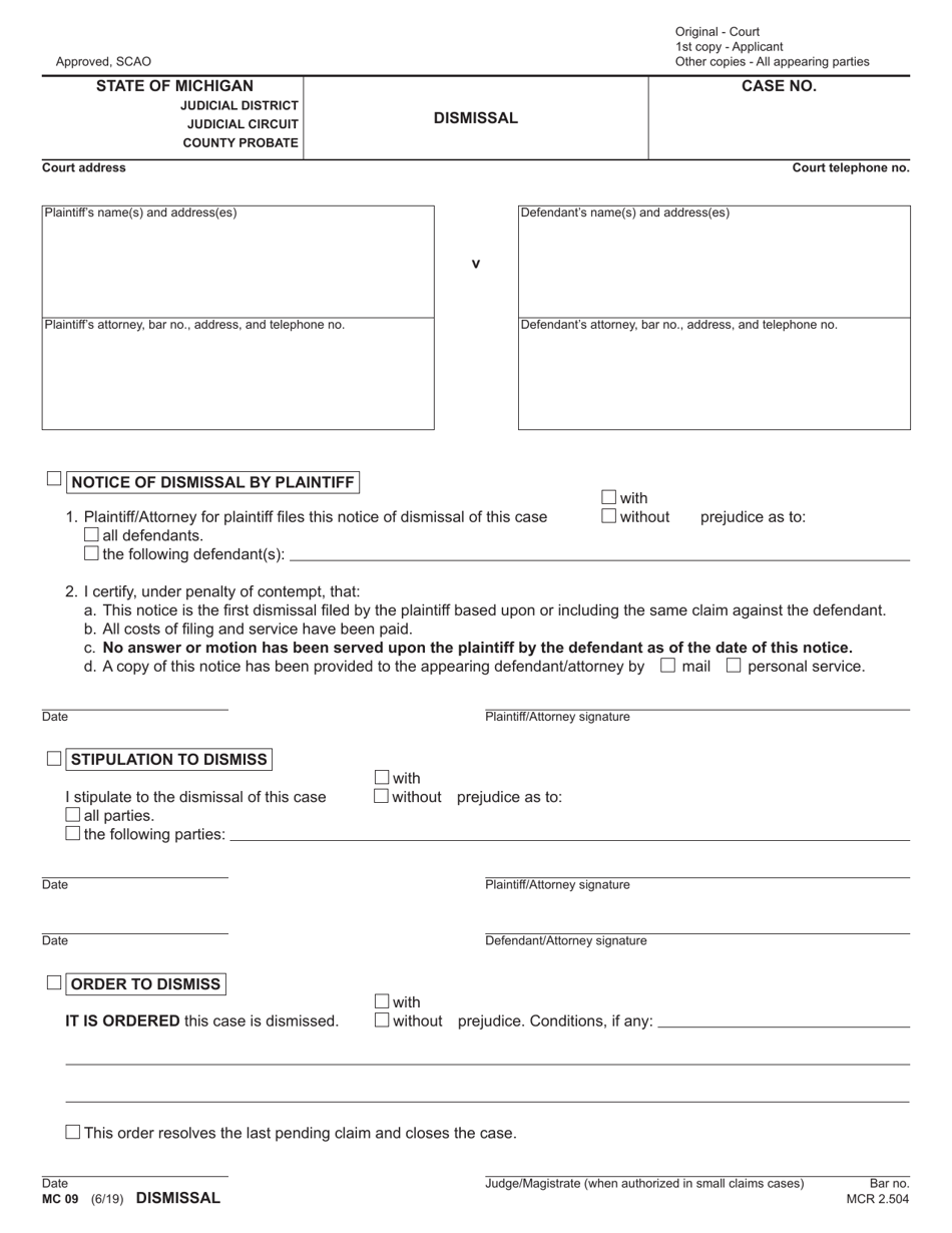 Form MC09 Dismissal - Michigan, Page 1