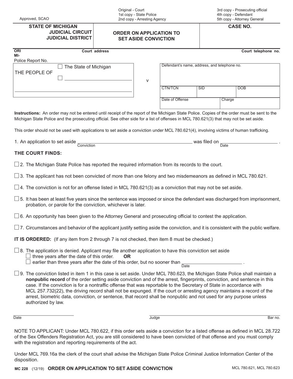 Form MC228 Order on Application to Set Aside Conviction - Michigan, Page 1